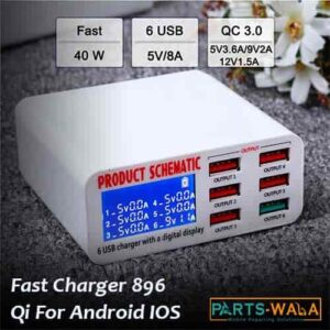 6 USB Ports Fast 40w Charger 896 Qi For Android IOS Smartphone with digital display