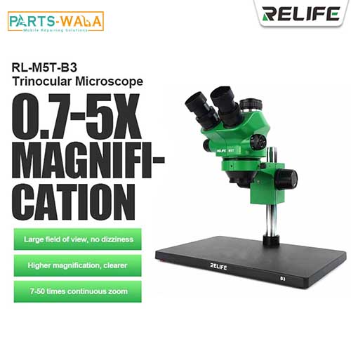 RELIFE RL-M5T-B3 Trinocular Stereo Microscope 7X-50X Zoom For Mobile  Repairing – Parts Wala