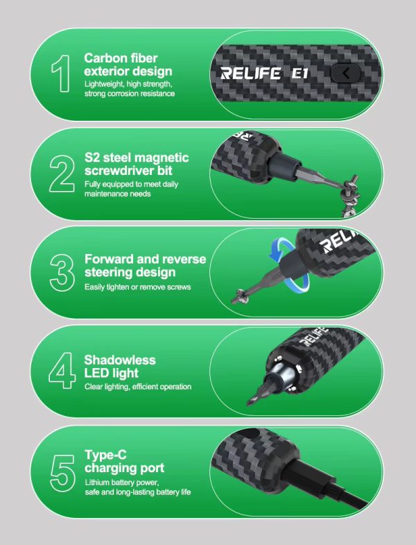 Relife E1 Electric Screwdriver Set Powerful Carbon Fiber with 12Pcs S2 Steel Bits - Image 2